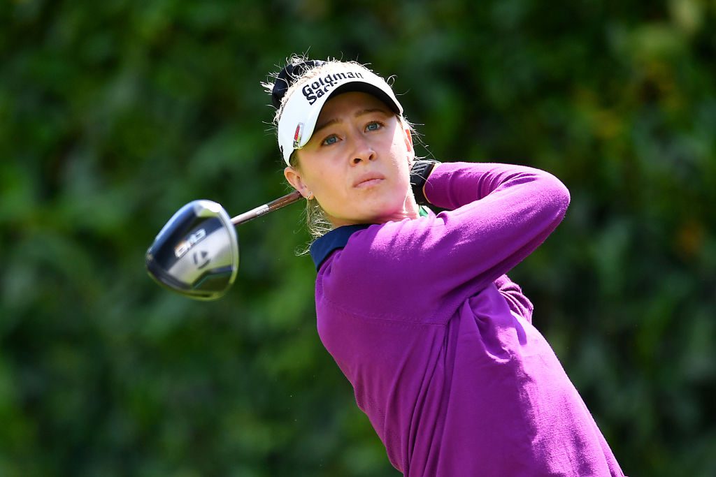 EVIAN-LES-BAINS, FRANCE - JULY 13: Nelly Korda of the United States tees off on the 10th hole during the third round of the Amundi Evian Championship at Evian Resort Golf Club on July 13, 2024 in Evian-les-Bains, France. (Photo by Valerio Pennicino/Getty Images)