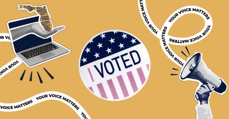 I Voted sticker on branded elections background.