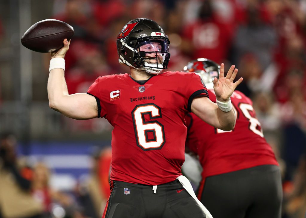 Baker Mayfield #6 of the Tampa Bay Buccaneers throws a pass during the first quarter of an NFL wild-card playoff football game against the Philadelphia Eagles at Raymond James Stadium on January 15, 2024 in Tampa, Florida.