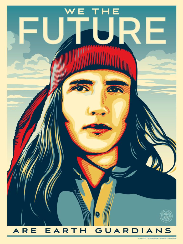 Decorative We The Future campaign featuring a drawing of Xiuhtezcatl. 