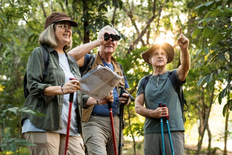 Three older people standing in a forest looking around.